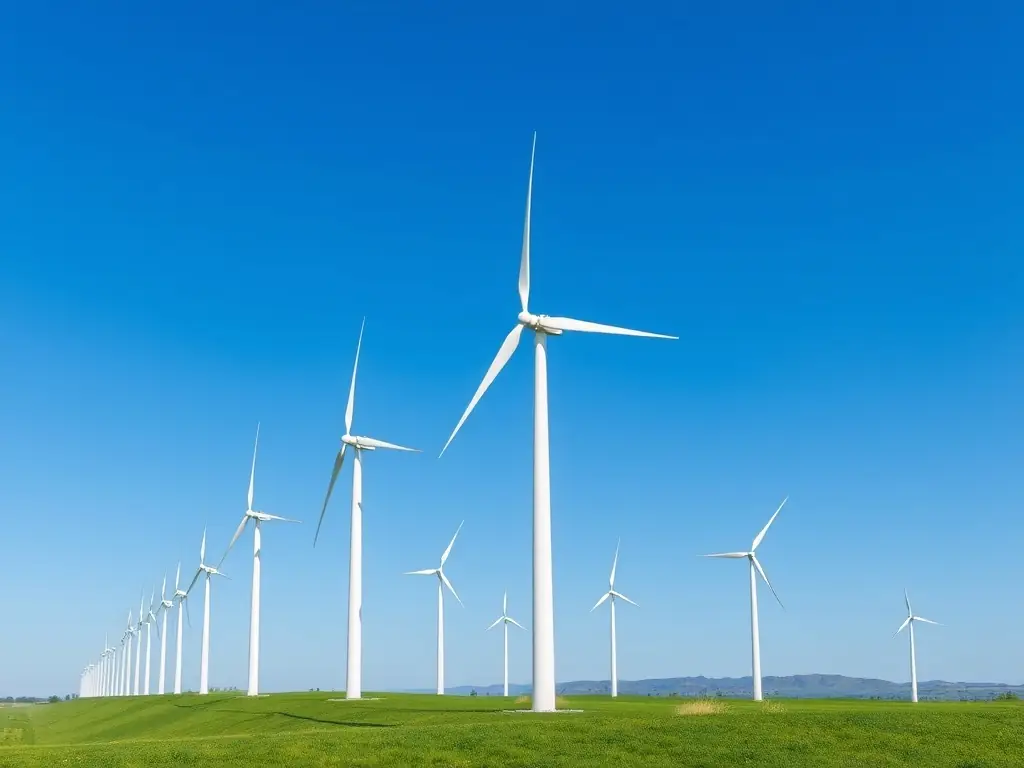 An image of a modern wind turbine set against a clear sky, with blades in motion, representing Nath Ojas's wind energy capture technologies.