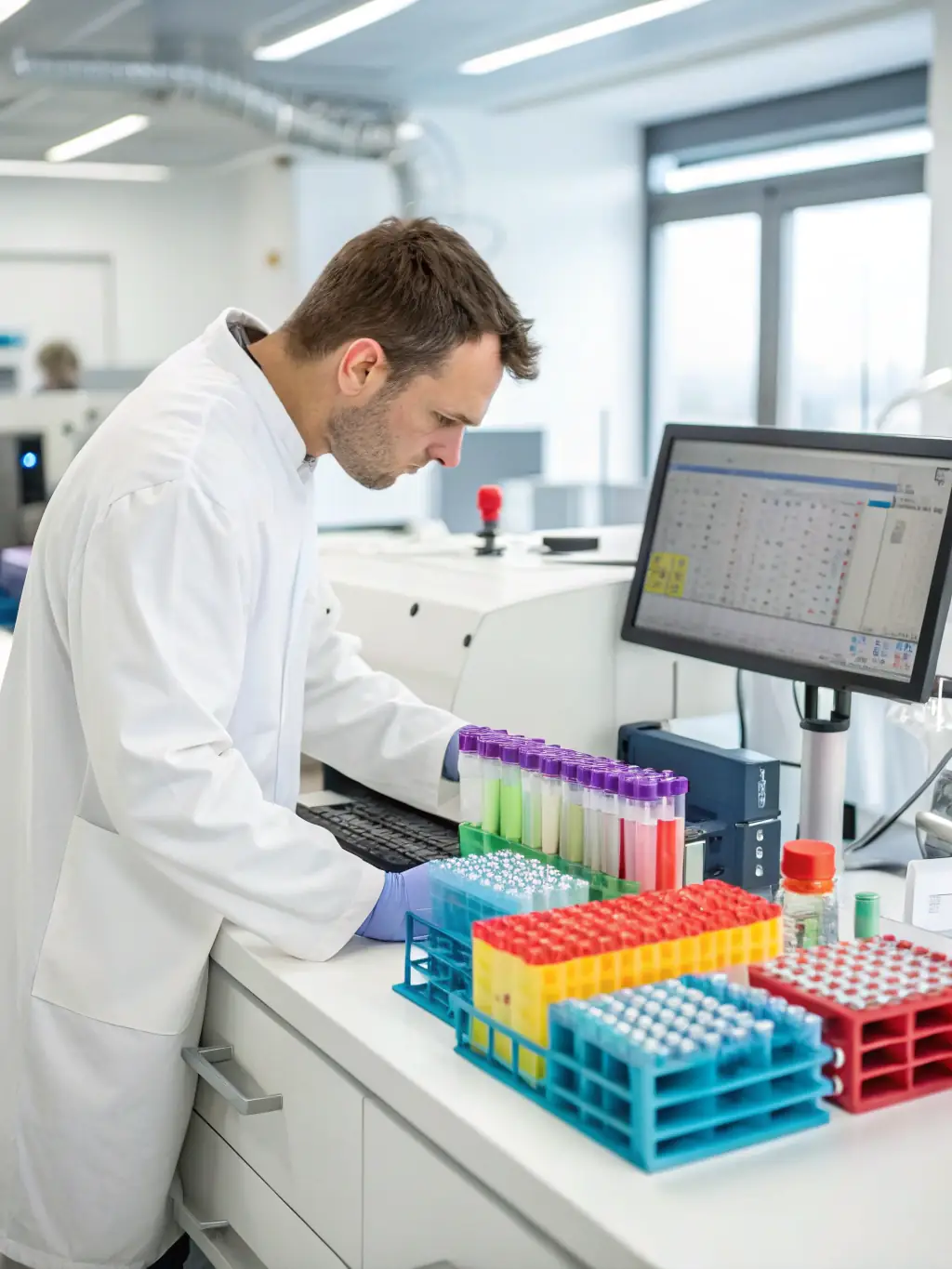 A close-up shot of a scientist in a lab coat examining a complex molecular structure model, representing Nath Ojas's IP-driven innovation in materials science.