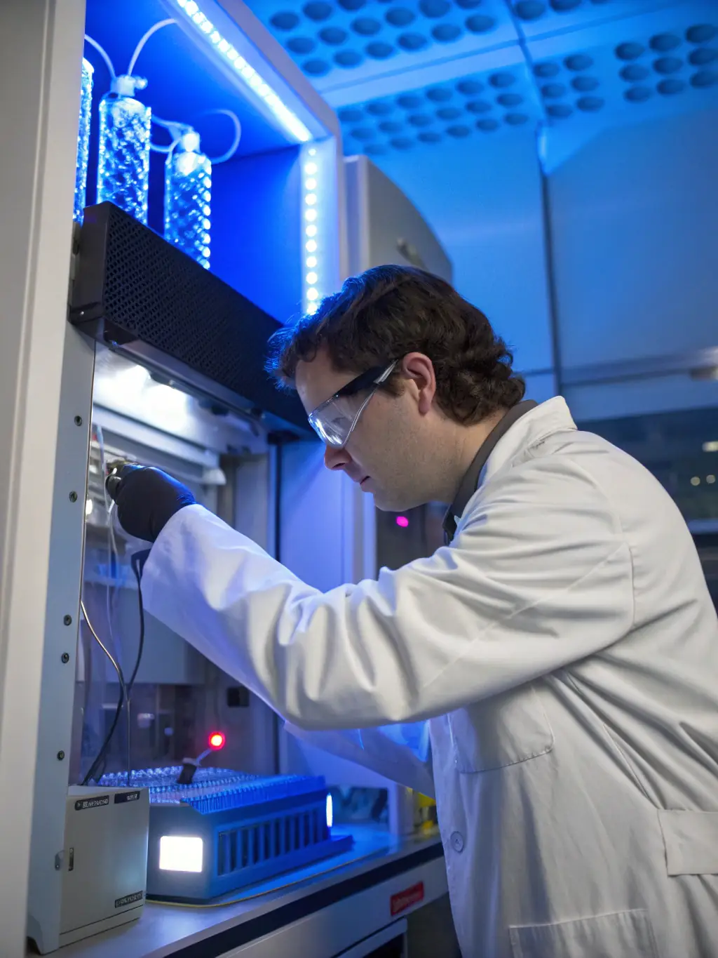 A close-up shot of a scientist in a lab coat examining a next-generation solar cell under a microscope, showcasing the cutting-edge research at Nath Ojas.