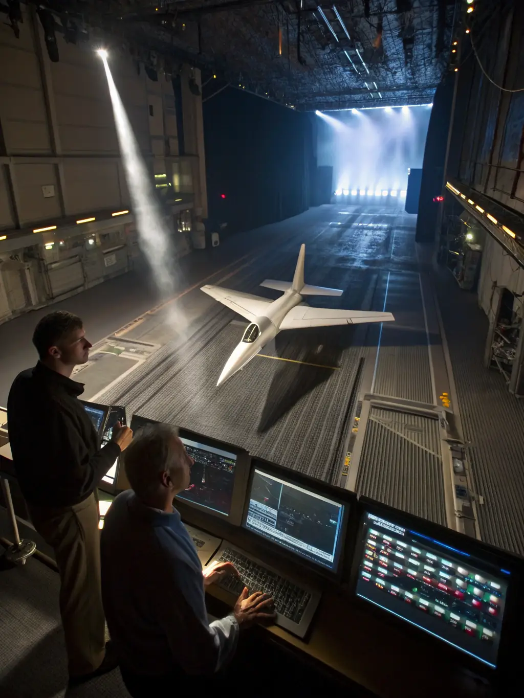 A photo of a wind turbine blade made from innovative, lightweight materials being tested in a wind tunnel, demonstrating Nath Ojas's commitment to wind energy.